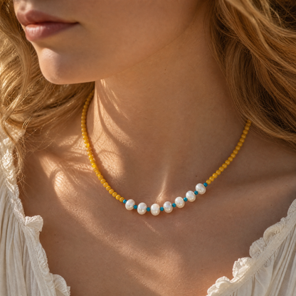 Amber & Freshwater Pearl Beaded Necklace