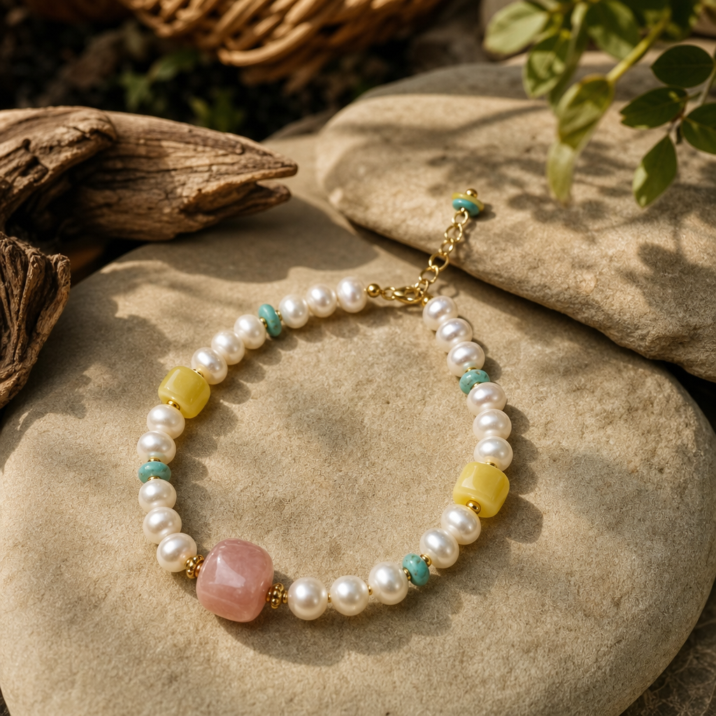 Pearl, Amber & Pink Opal Asymmetrical Bracelet | LIUMI