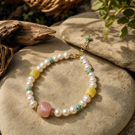 Pearl, Amber & Pink Opal Asymmetrical Bracelet | LIUMI