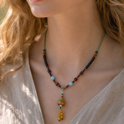 Honey Amber & Amazonite Tassel Pendant Necklace