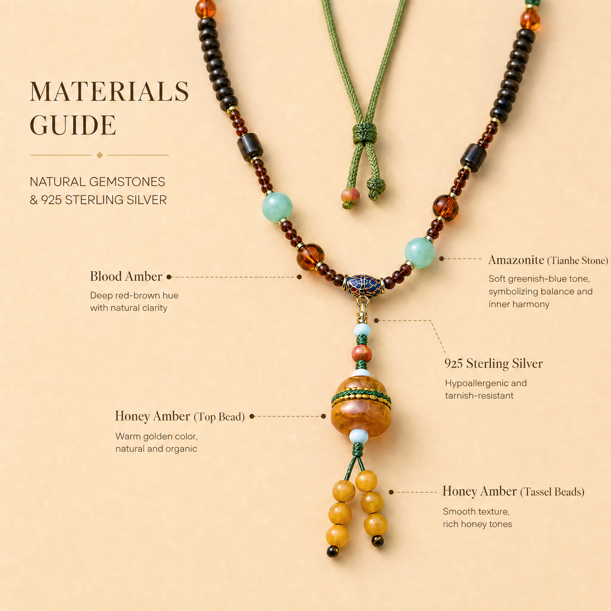 Honey Amber & Amazonite Tassel Pendant Necklace