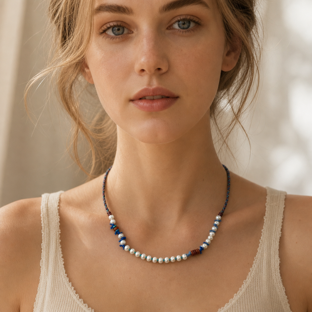 Freshwater Pearl, Turquoise & Amber Braided Necklace