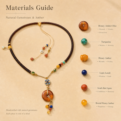 Amber Disc Pendant Necklace with Multi-Gemstone Tassel