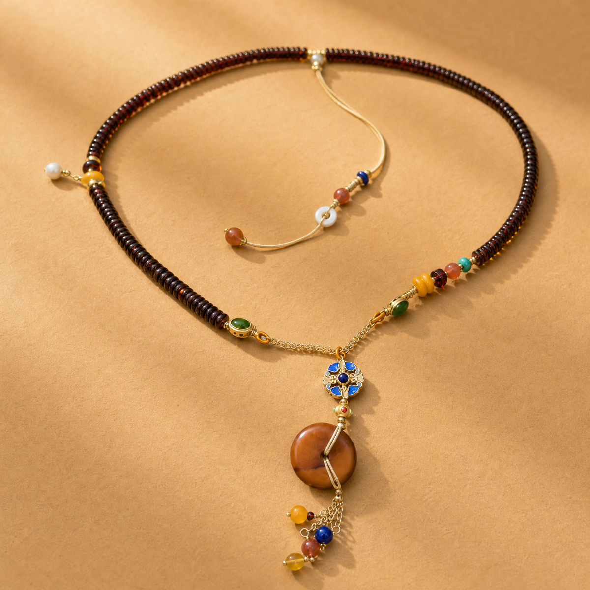 Amber Disc Pendant Necklace with Multi-Gemstone Tassel