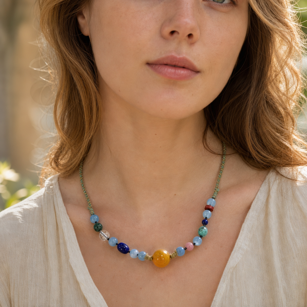 Natural Amber Turquoise Lapis Lazuli Beaded Necklace Handmade Boho Cord Necklace