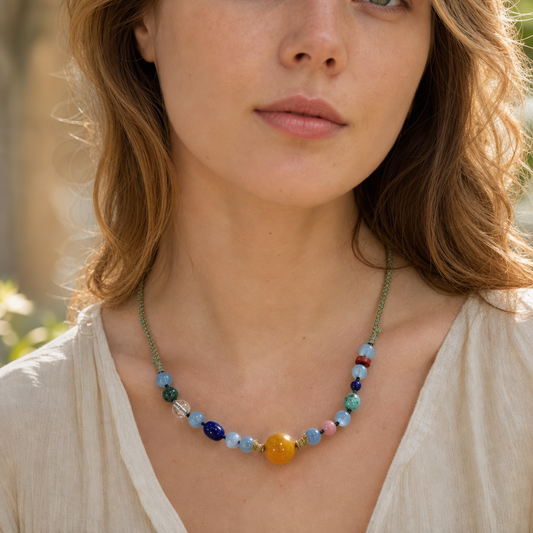 Natural Amber Turquoise Lapis Lazuli Beaded Necklace Handmade Boho Cord Necklace