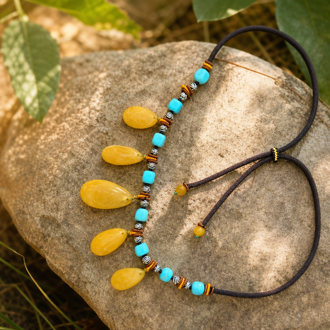 Beeswax Amber Teardrop Fringe Necklace