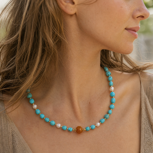 Natural Turquoise Amber Freshwater Pearl Necklace