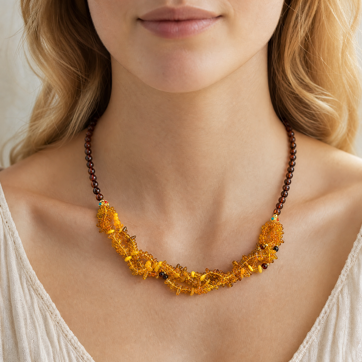 Blood Amber & Honey Amber Chip Statement Necklace
