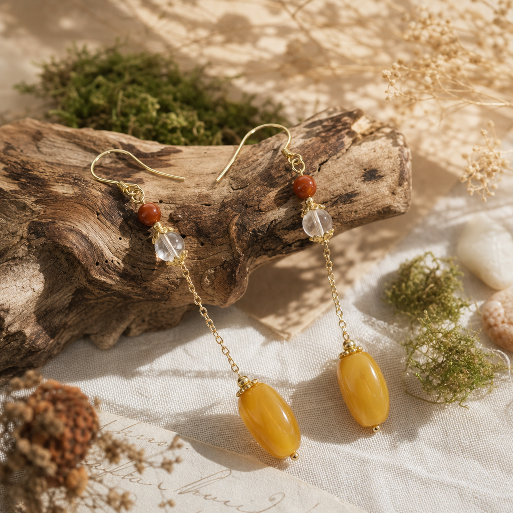 Nanhong Agate, White Crystal & Beeswax Amber Earrings | LIUMI