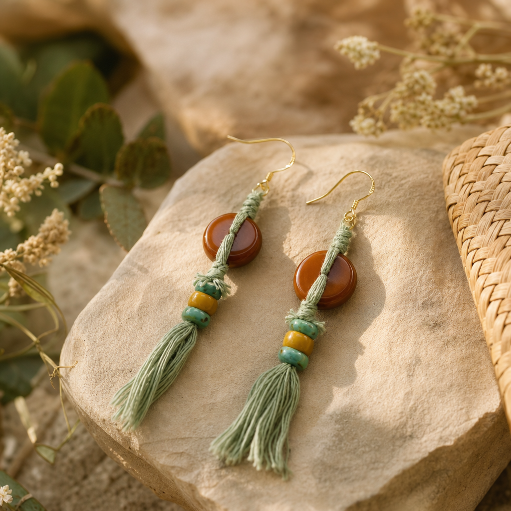 Amber, Turquoise & Beeswax Amber Tassel Earrings | LIUMI