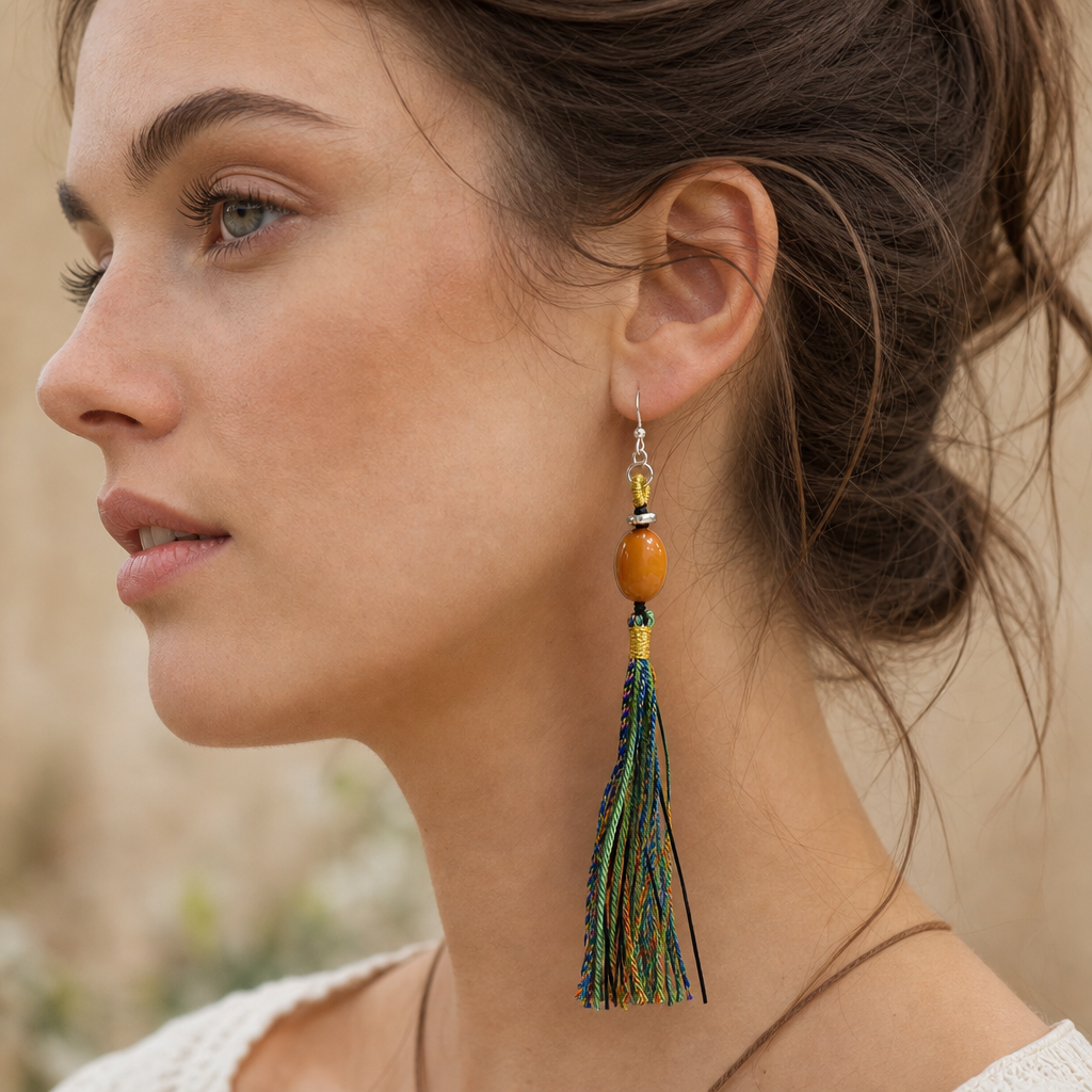 Natural Amber & Braided Tassel Earrings