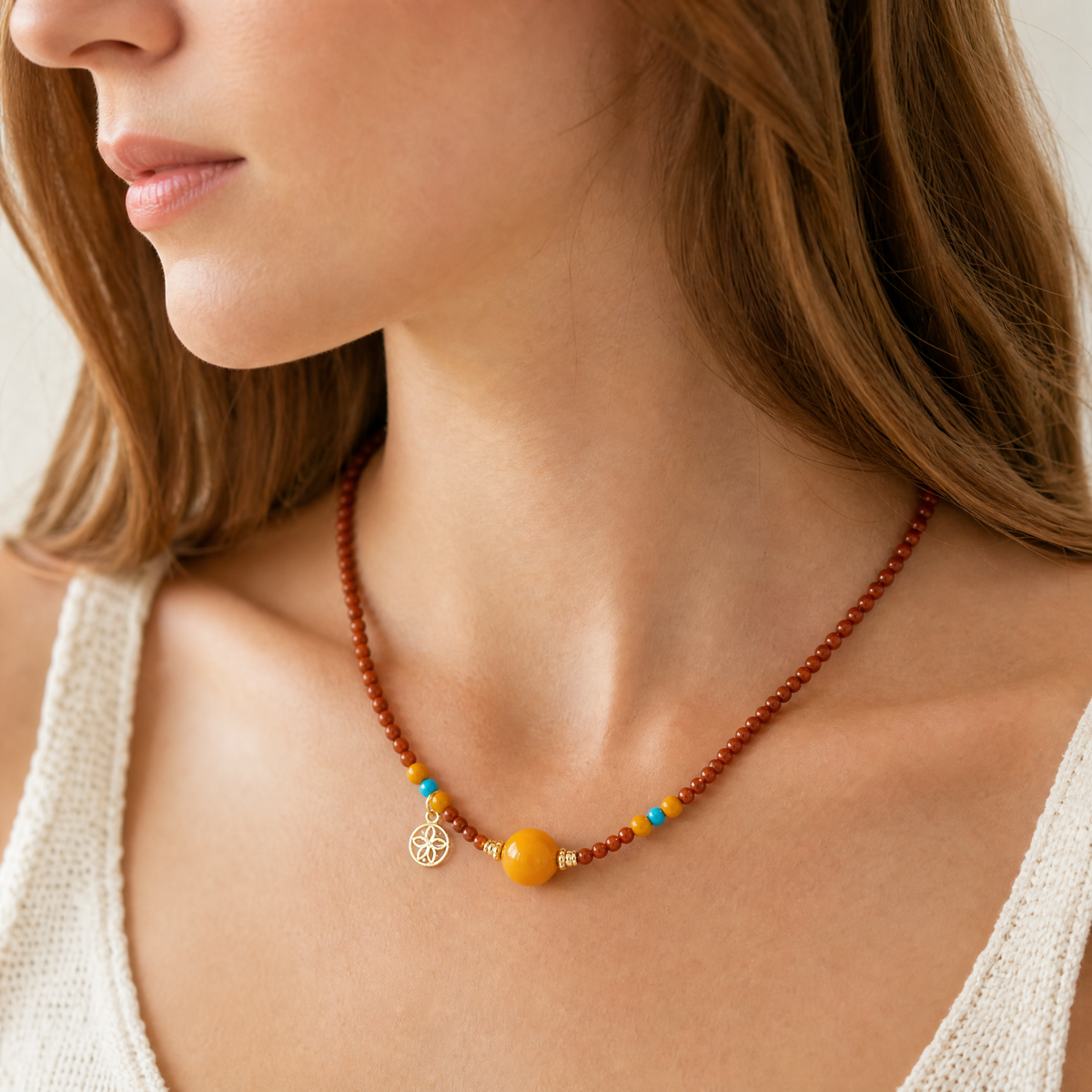 Natural Nanhong Agate Beeswax Amber Turquoise Beaded Necklace