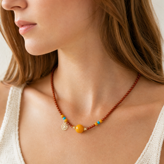 Natural Nanhong Agate Beeswax Amber Turquoise Beaded Necklace