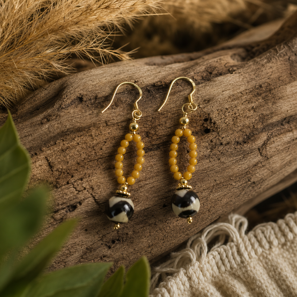 Beeswax Amber & Dzi-Style Open Loop Earrings | LIUMI