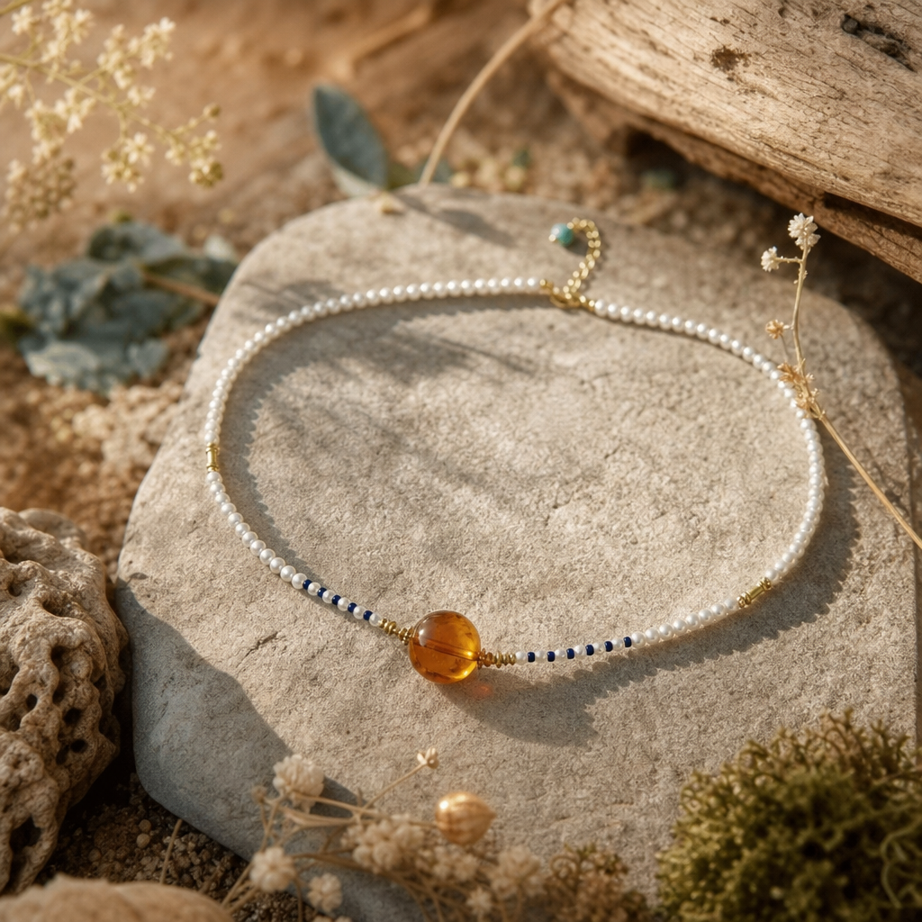 Freshwater Pearl, Flower Amber & Lapis Lazuli Necklace | LIUMI