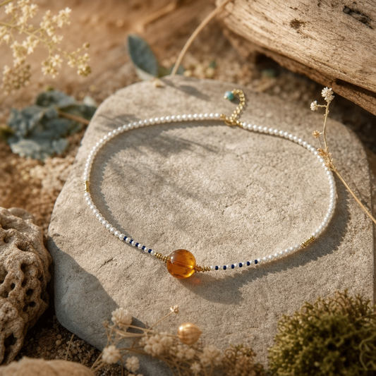Freshwater Pearl, Flower Amber & Lapis Lazuli Necklace | LIUMI