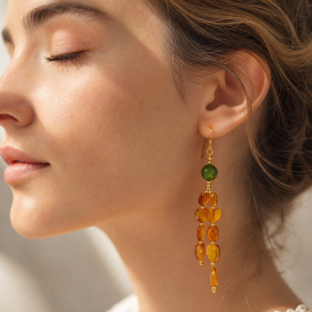 Hetian Jade & Gold Foil Amber Chandelier Earrings