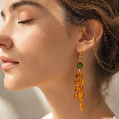 Hetian Jade & Gold Foil Amber Chandelier Earrings
