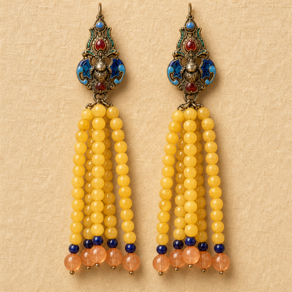 Vintage Enamel & Beeswax Amber Tassel Earrings