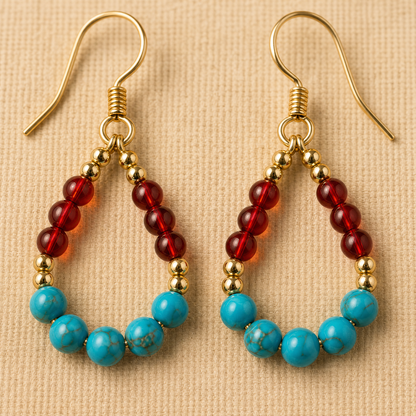 Amber & Turquoise Gold Teardrop Earrings