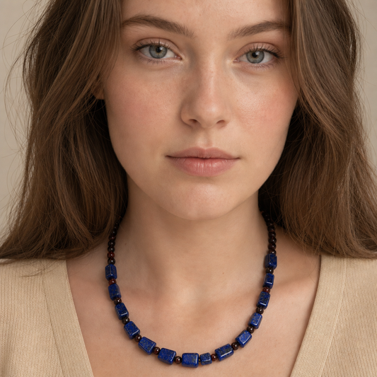 Natural Lapis Lazuli Blood Amber Beaded Necklace Handmade Gemstone Necklace