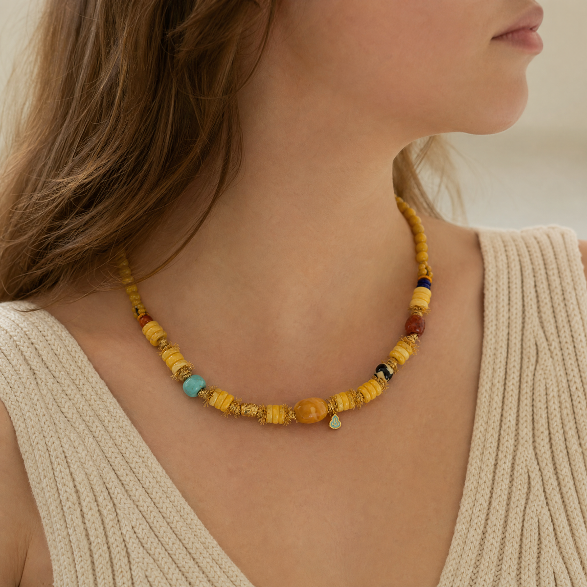 Natural Honey Amber Turquoise Lapis Lazuli Beaded Necklace