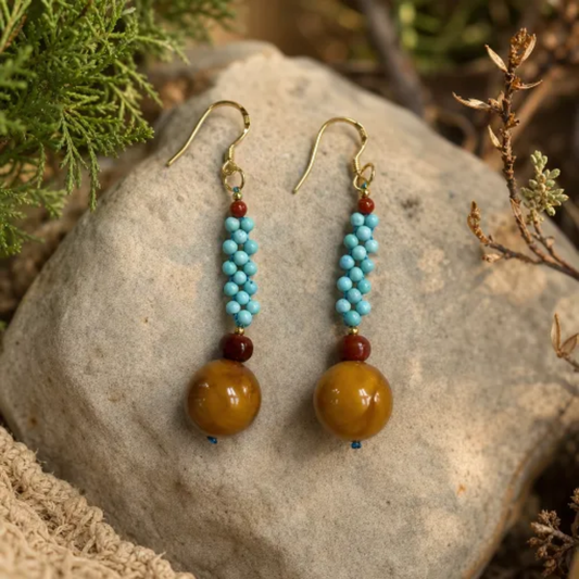 Turquoise, Honey Amber & Nanhong Agate Drop Earrings | LIUMI