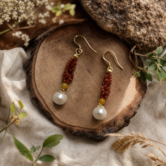 Nanhong Agate, Beeswax Amber & Freshwater Pearl Earrings | LIUMI