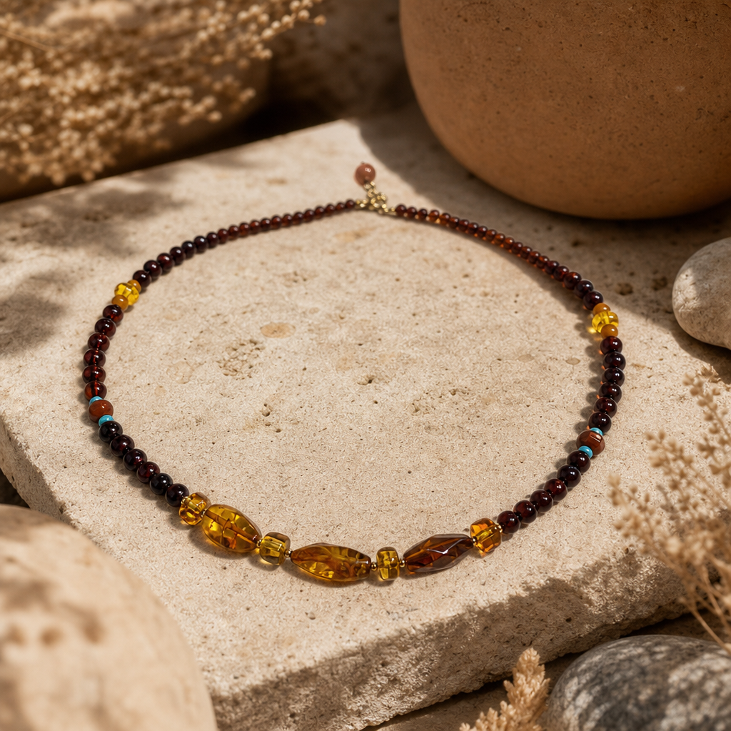 Blood Amber & Flower Amber Beaded Necklace | LIUMI