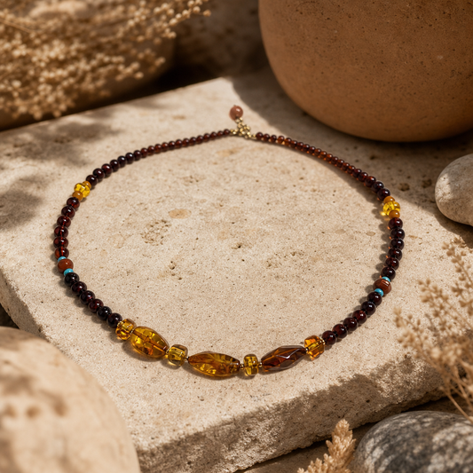Blood Amber & Flower Amber Beaded Necklace | LIUMI